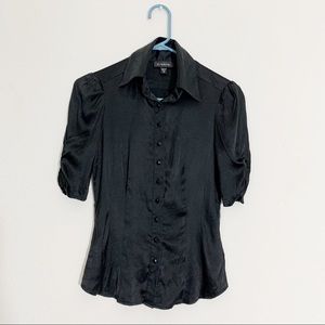 bebe black silk collar puff sleeve professional button down shirt blouse top